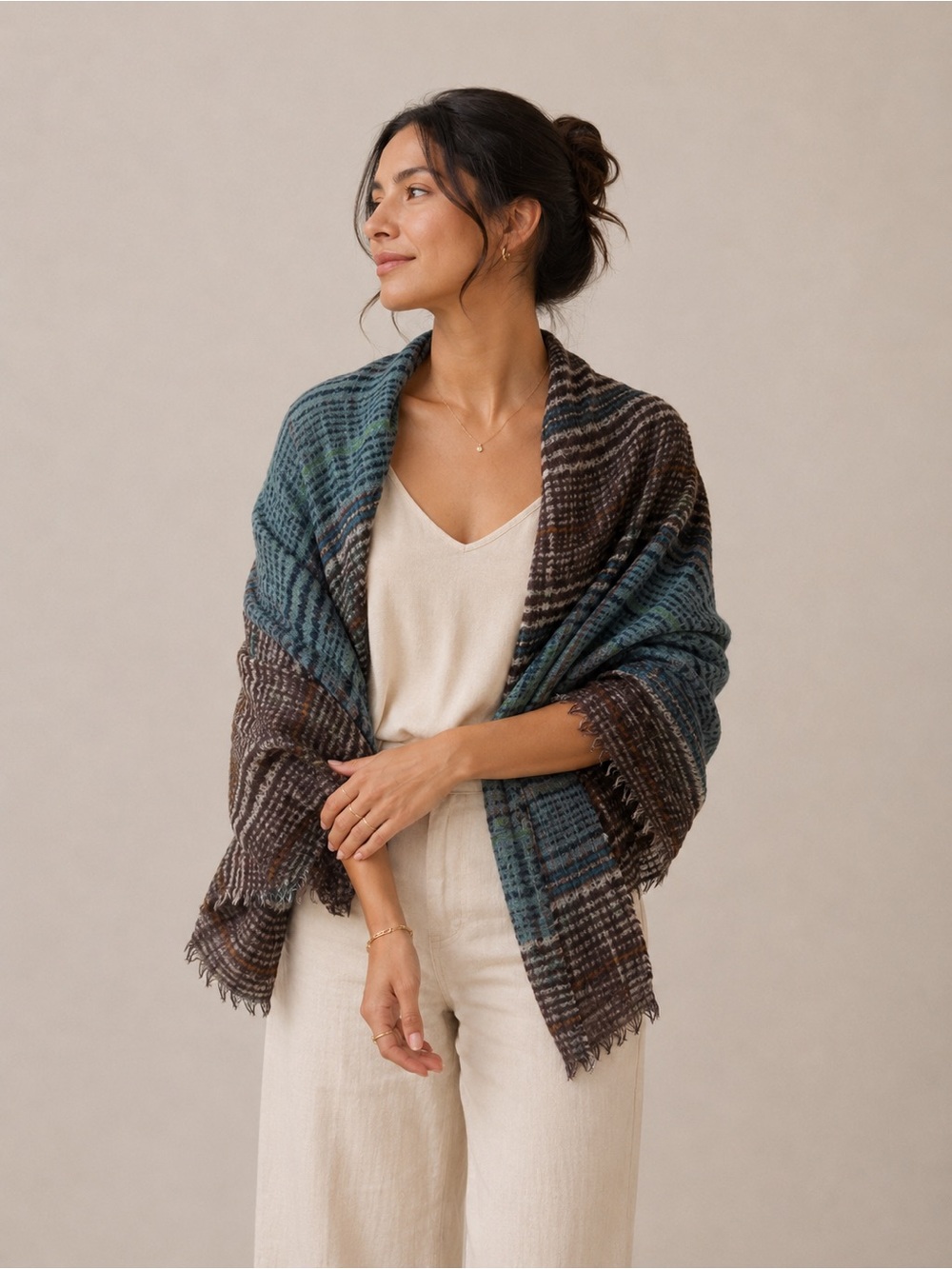French Parisienne Épice teal and brown plaid shawl wrap